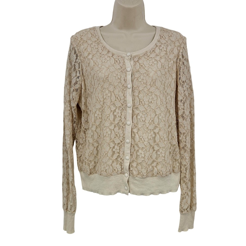Lucky Brand Sweater Cardigan Women XL White Lace Floral Sheer Coquette Romantic